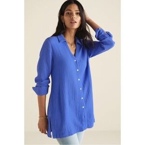 Soft Surroundings Escambia Gauze Tunic‎ Shirt XL Blue Cotton Button Front